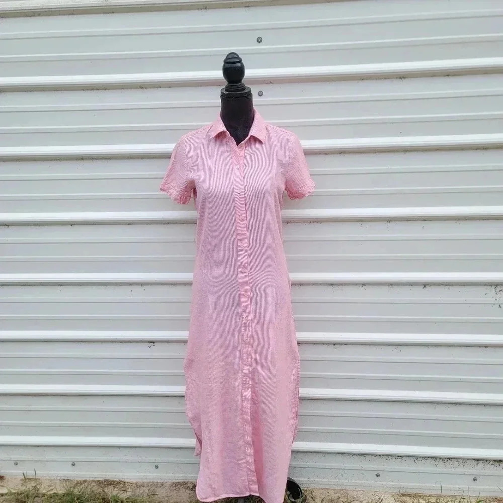 $172 Armani Exchange Women's Long Shirt Dress Linen Blend Striped Button Pink 2